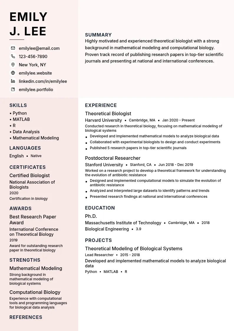 Theoretical Biologist resume example