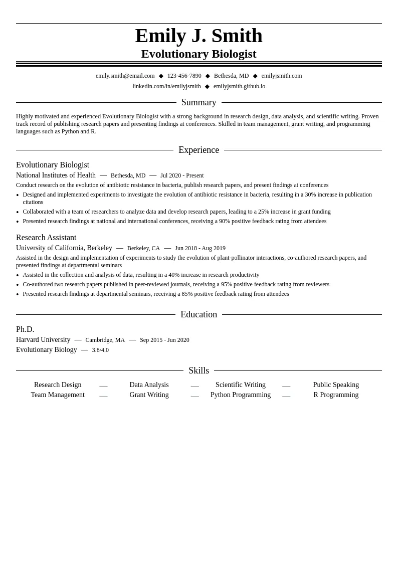 Evolutionary Biologist resume example