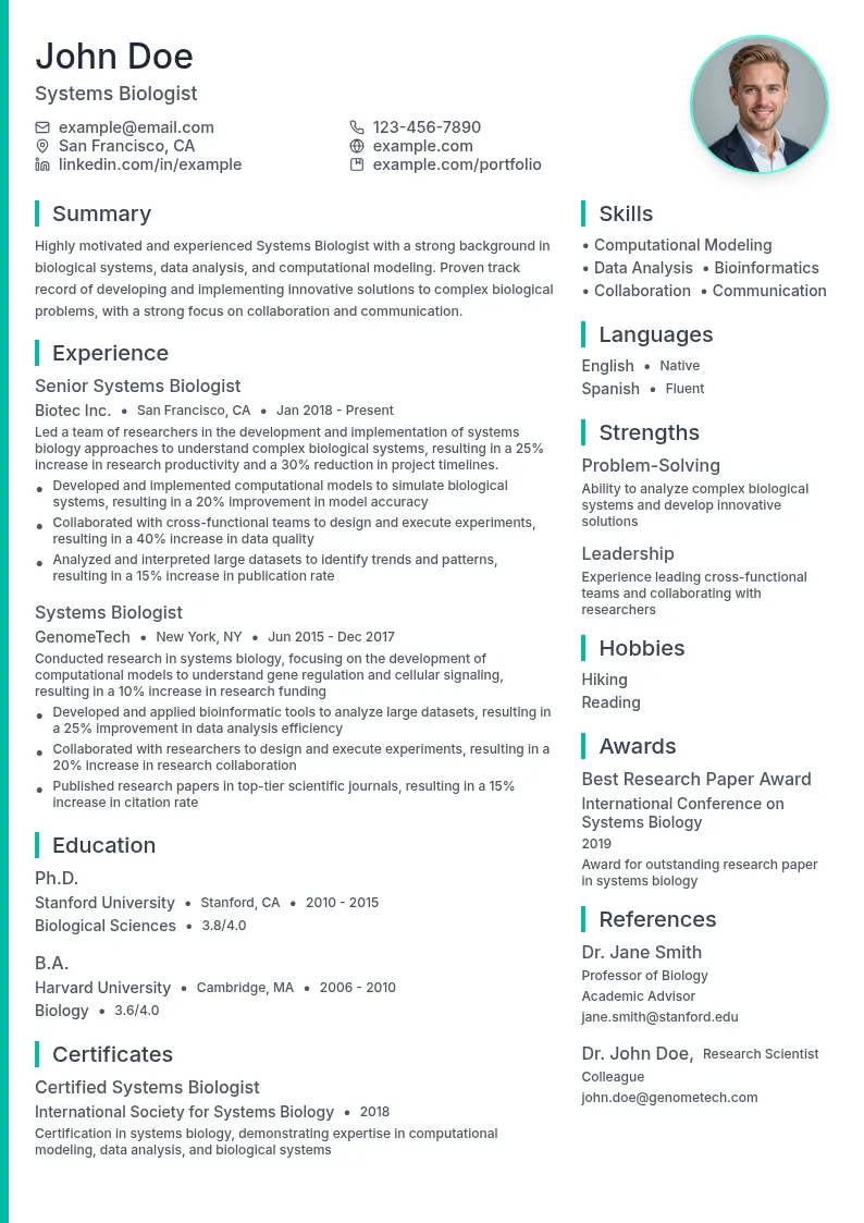 Systems Biologist resume example