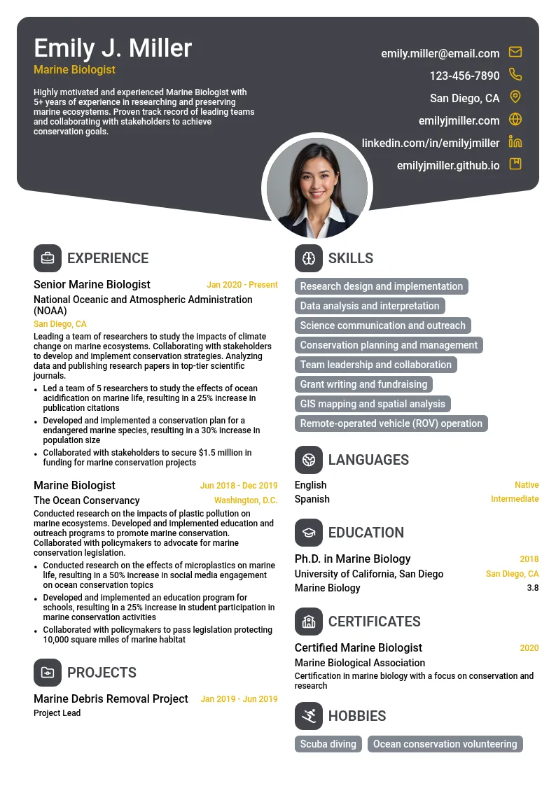 Marine Biologist resume example