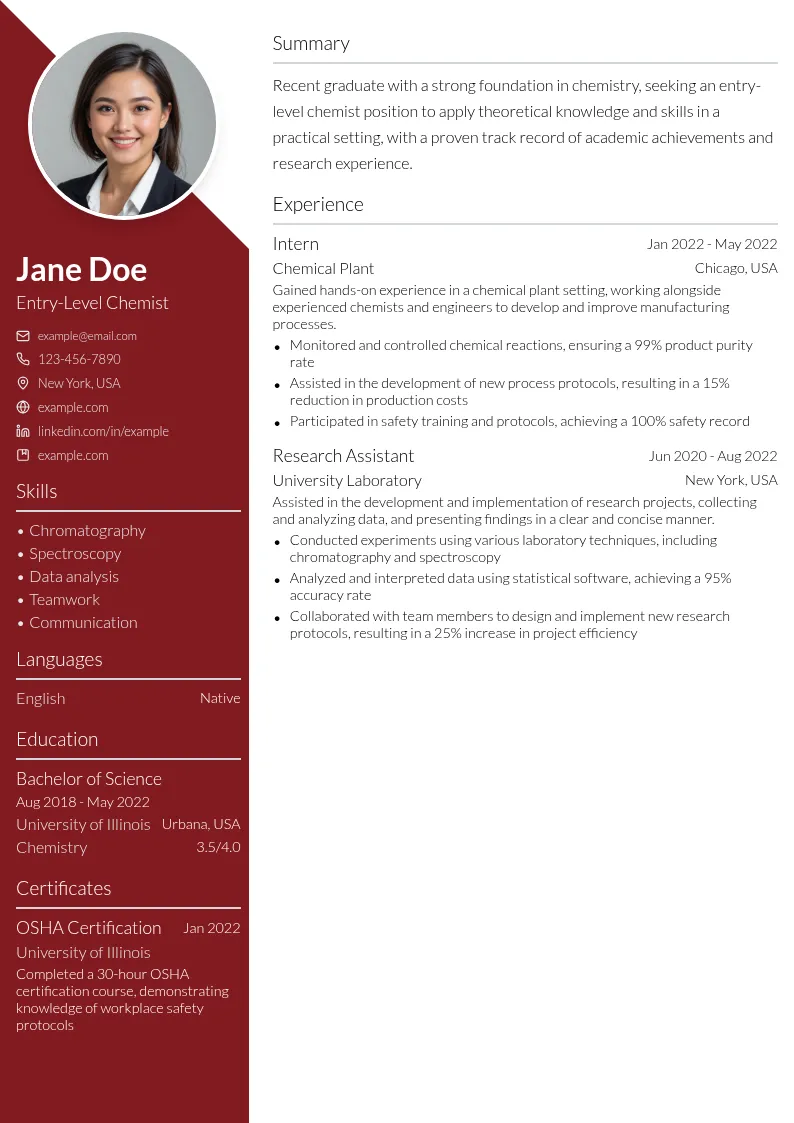 Entry-Level Chemist resume example
