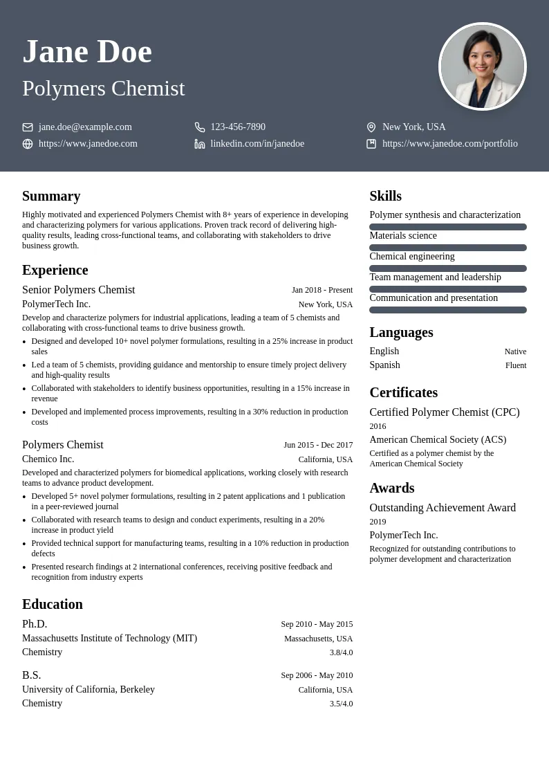 Polymers Chemist resume example