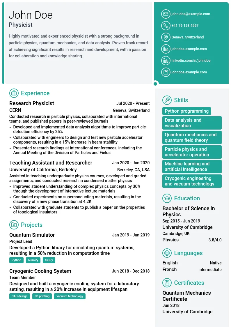 Physicist resume example