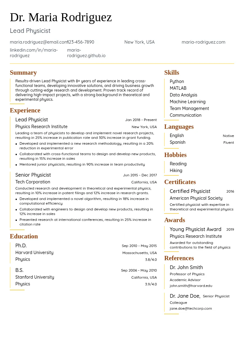 Lead Physicist resume example