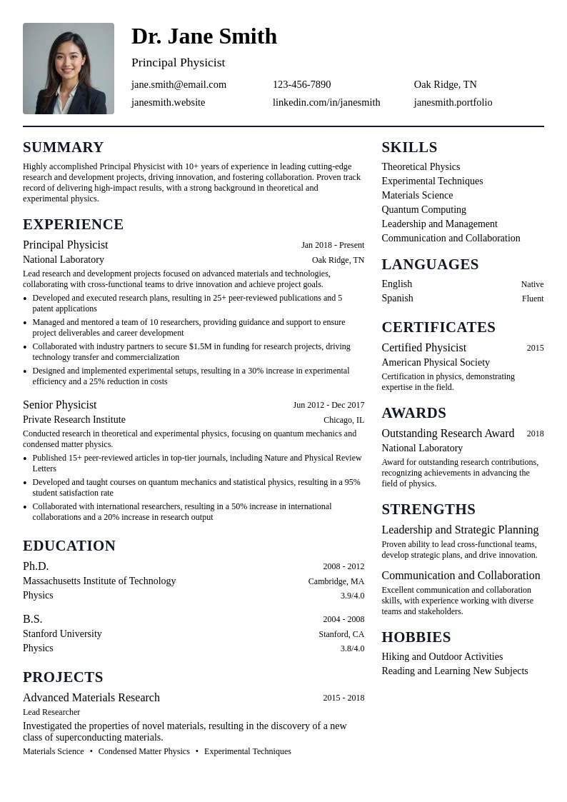 Principal Physicist resume example