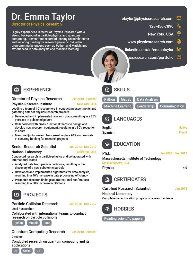 Director of Physics Research resume example