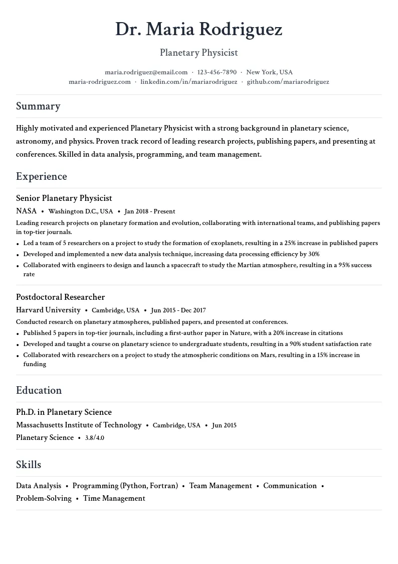 Planetary Physicist resume example