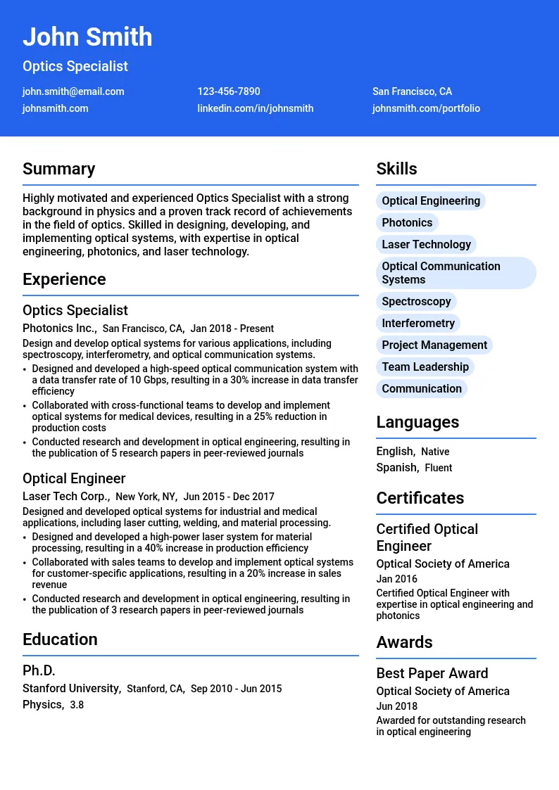 Optics Specialist resume example