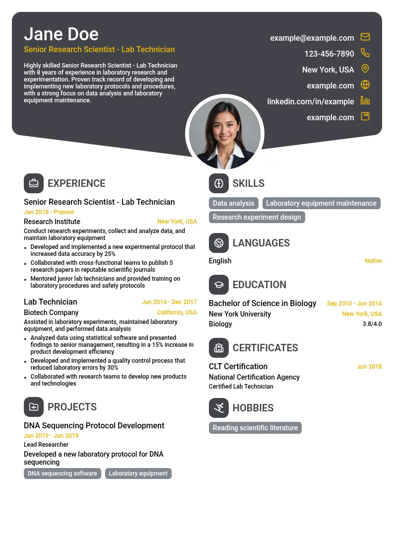 Senior Research Scientist - Lab Technician resume example