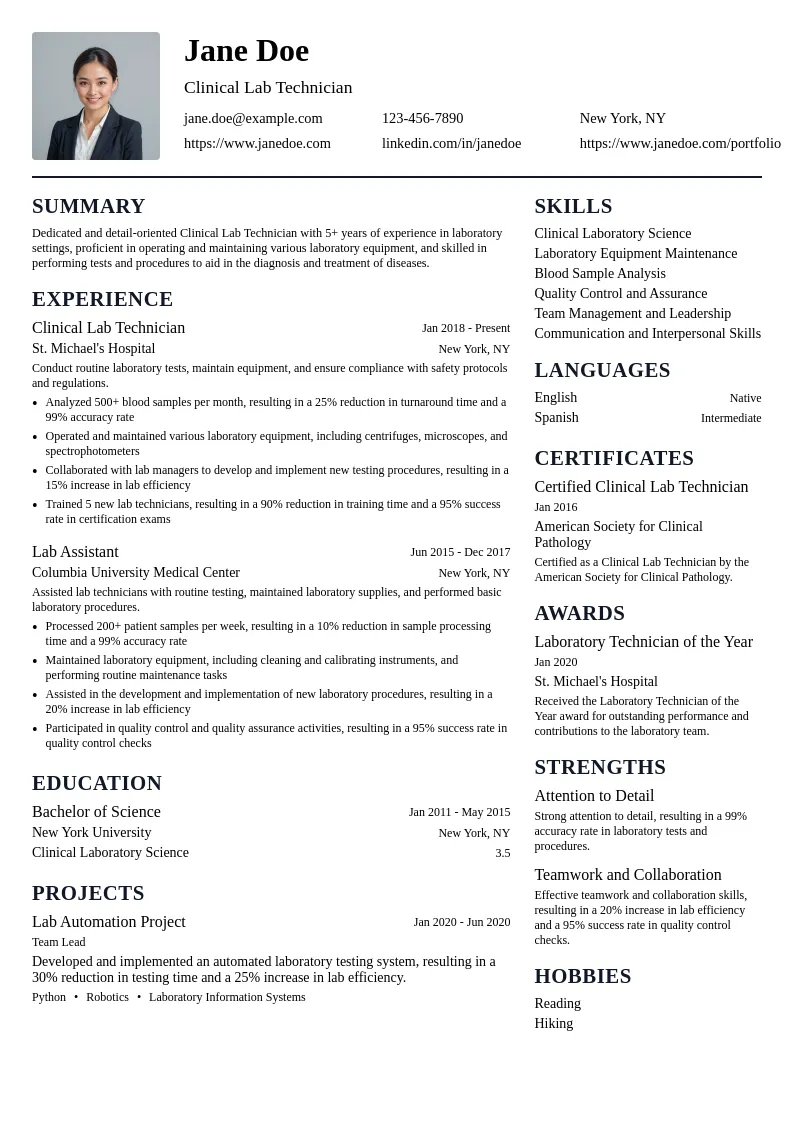 Clinical Lab Technician resume example