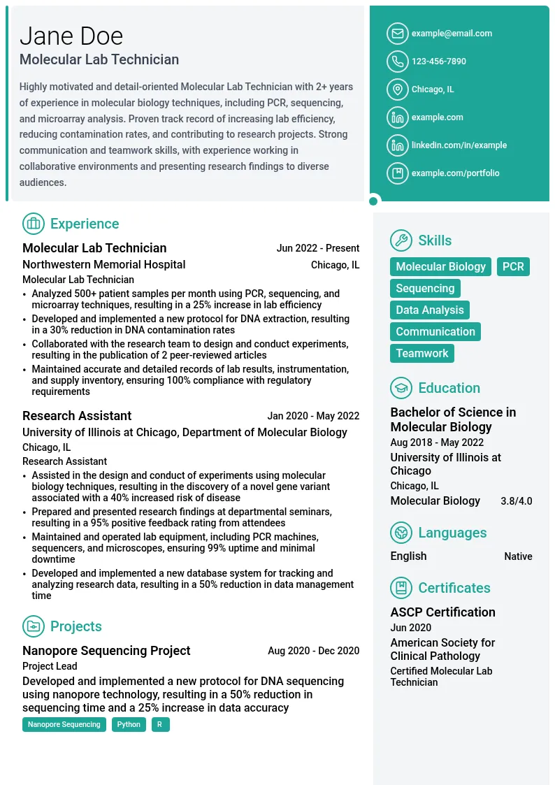 Molecular Lab Technician resume example