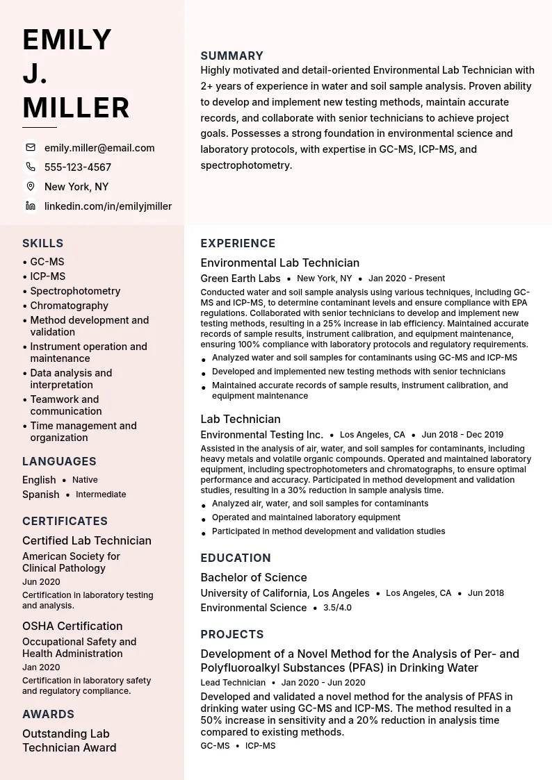 Environmental Lab Technician resume example
