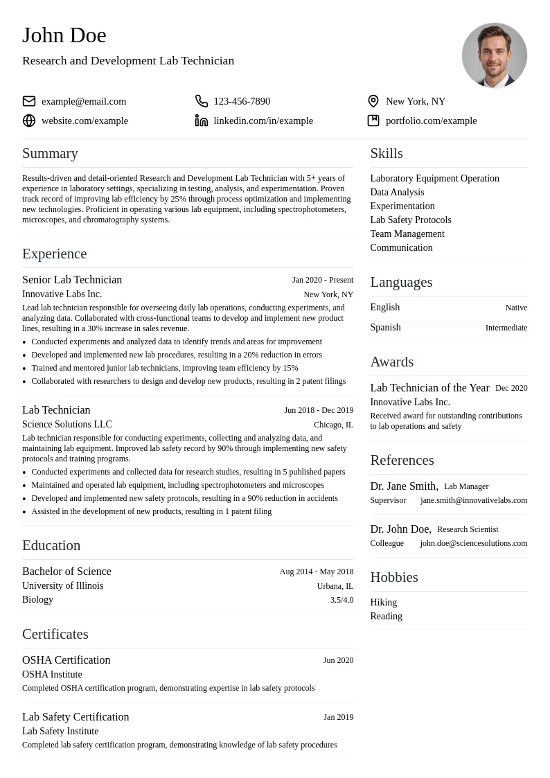 Research and Development Lab Technician resume example