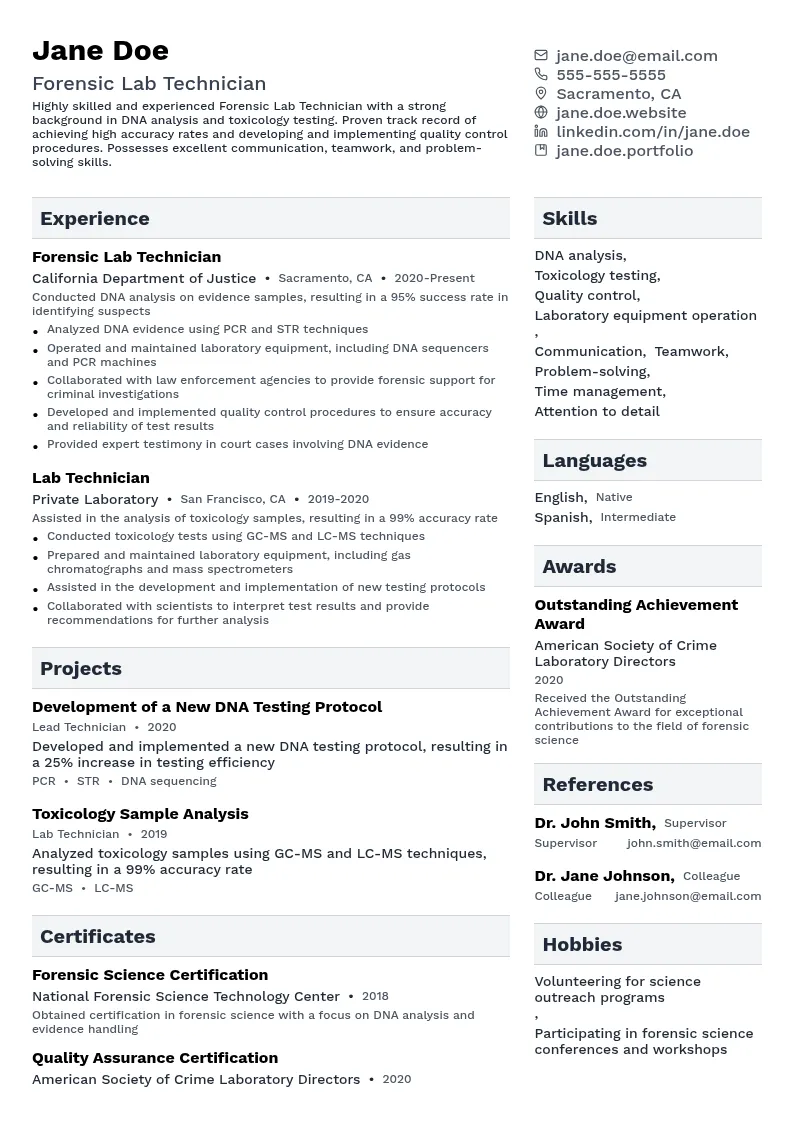 Forensic Lab Technician resume example