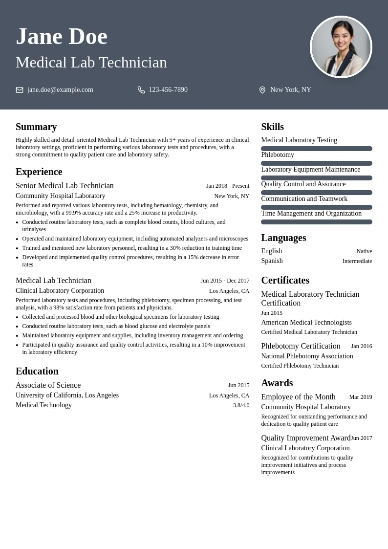 Medical Lab Technician resume example