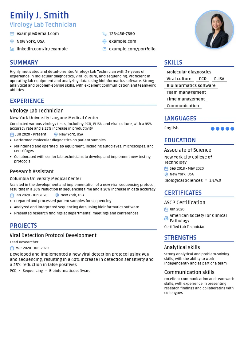 Virology Lab Technician resume example