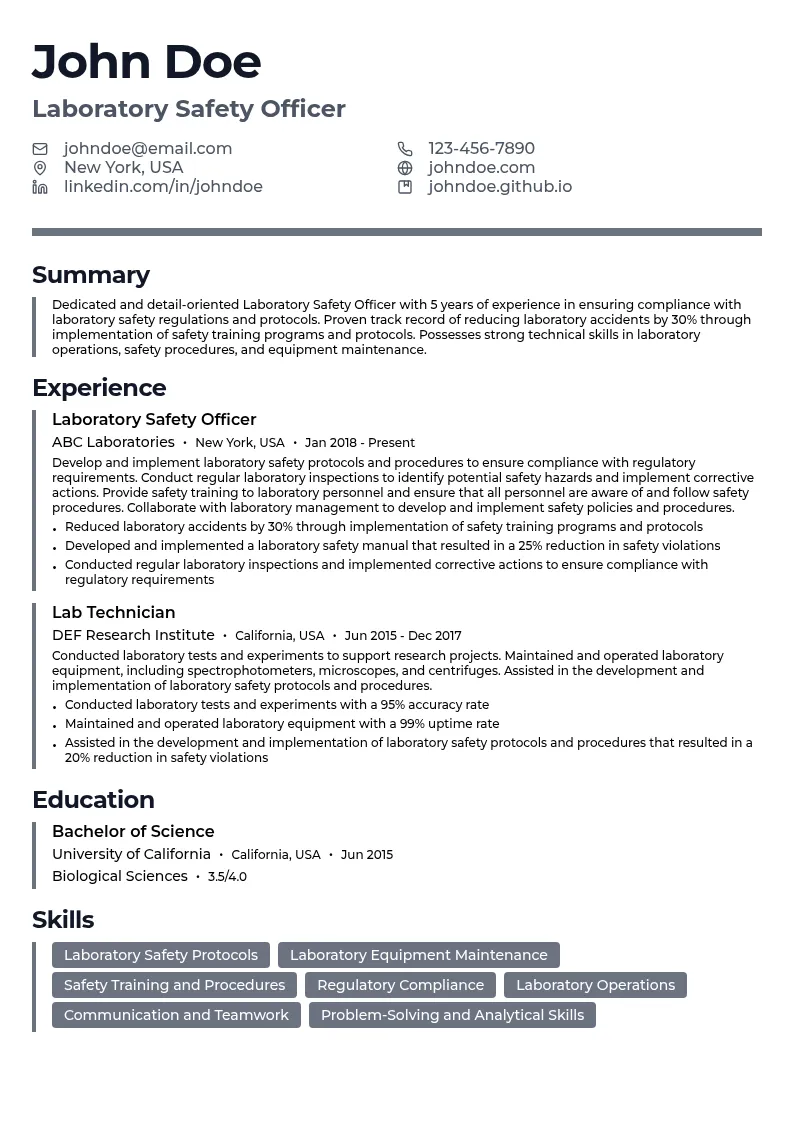 Laboratory Safety Officer - Lab Technician resume example