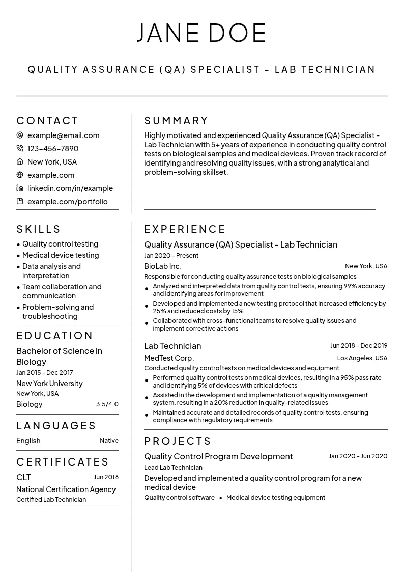 Quality Assurance (QA) Specialist - Lab Technician resume example