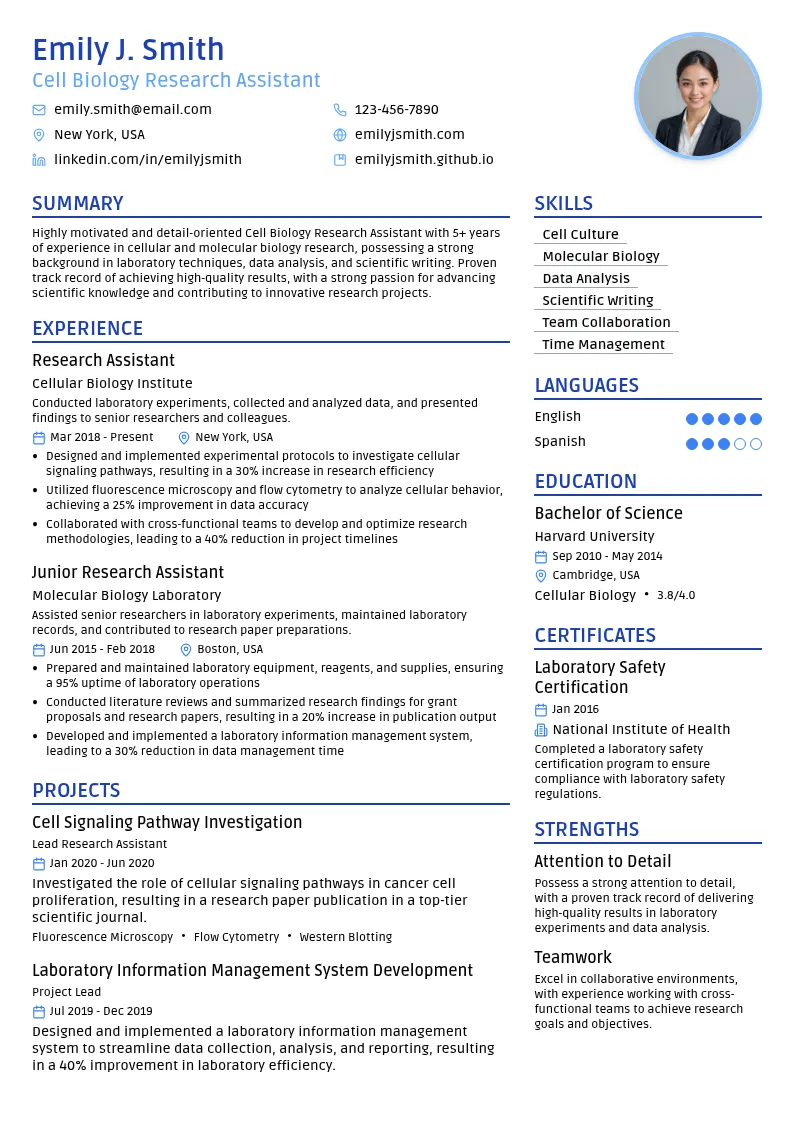 Cell Biology Research Assistant resume example