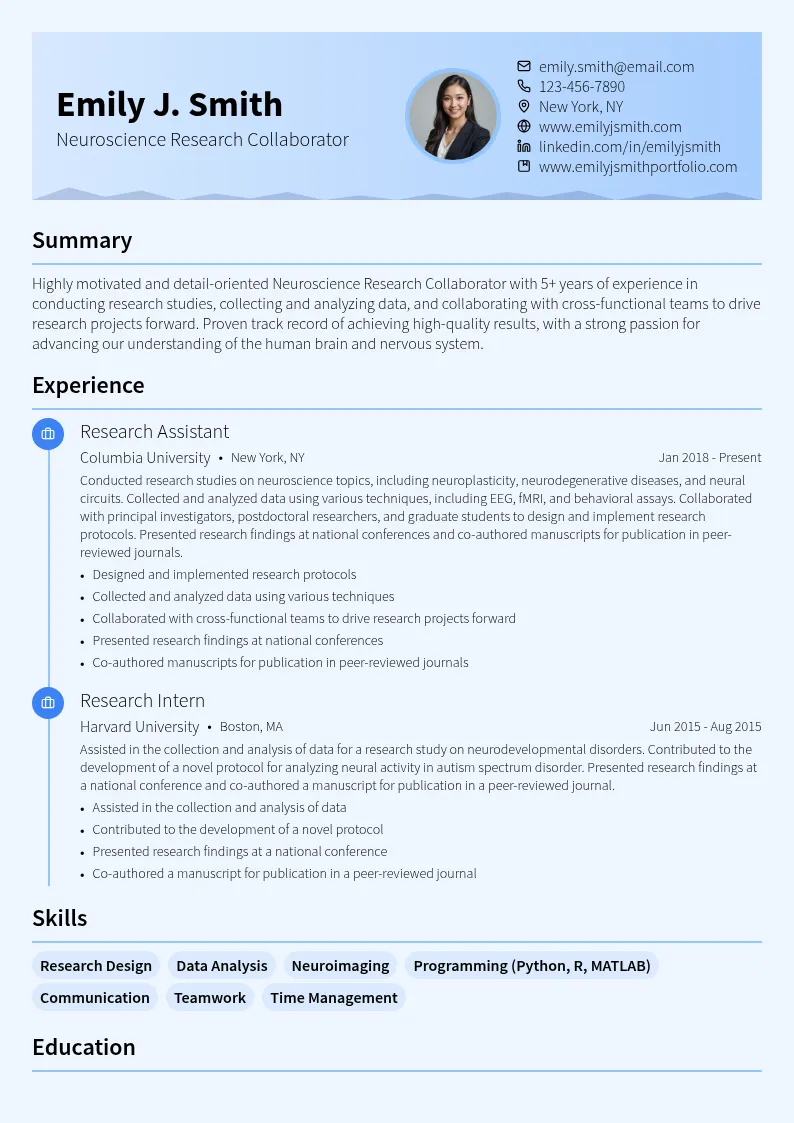 Neuroscience Research Collaborator resume example