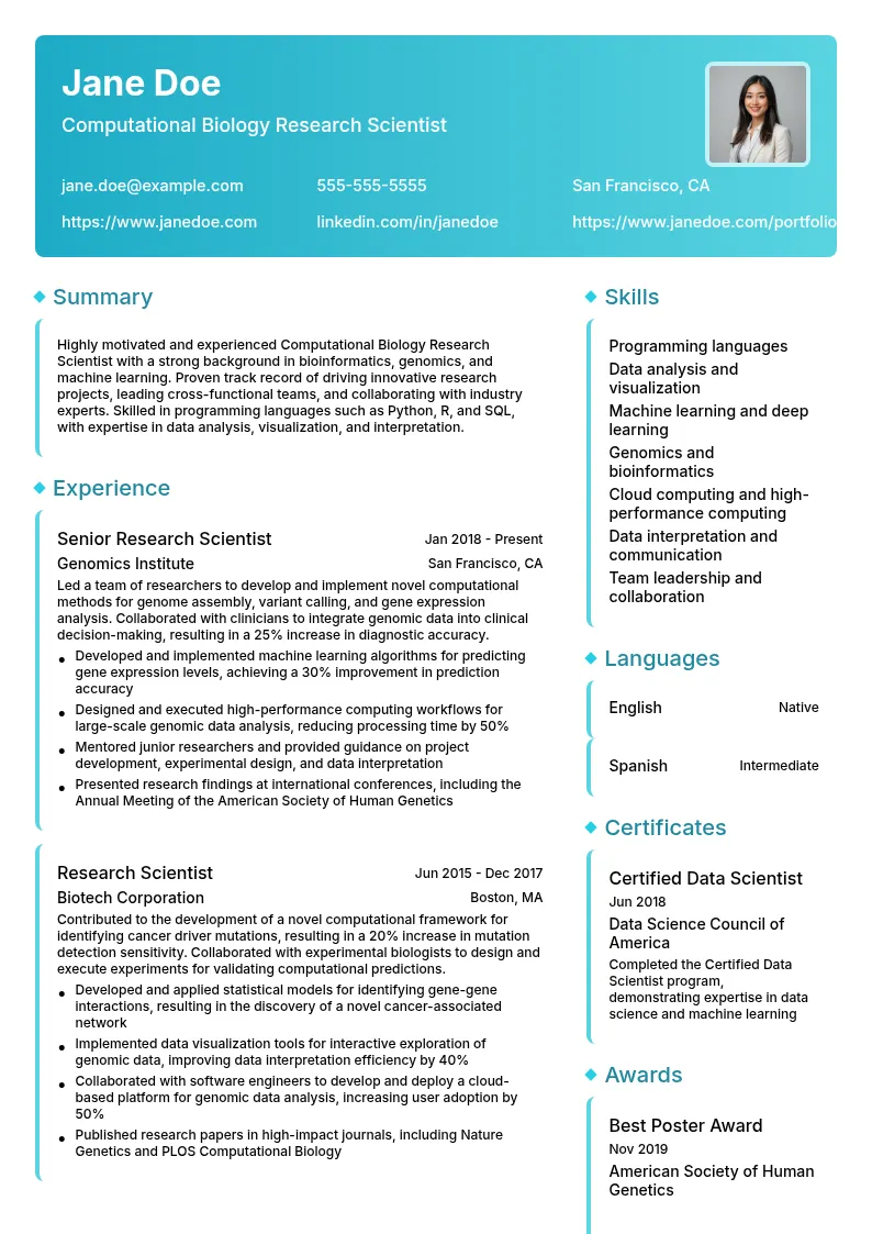 Computational Biology Research Scientist resume example