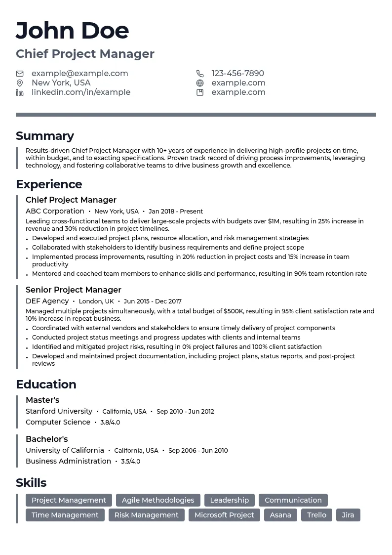 Chief Project Manager resume example