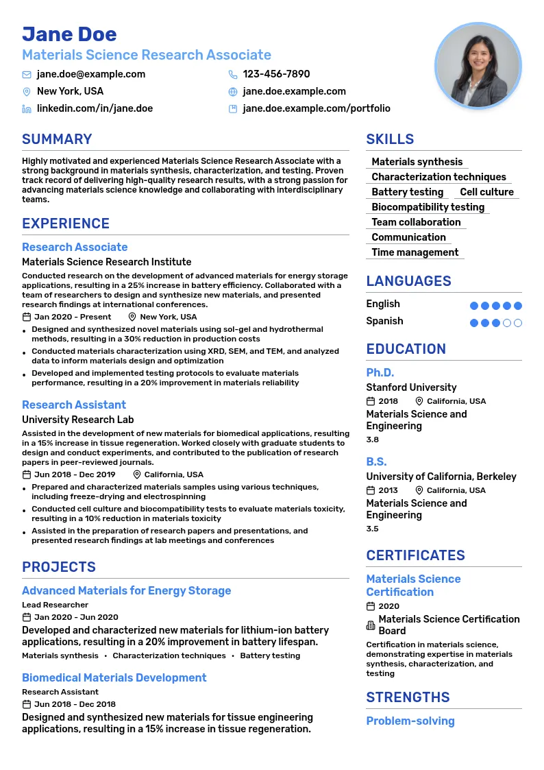 Materials Science Research Associate resume example