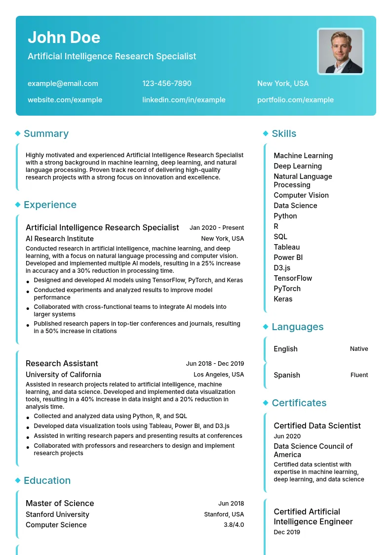 Artificial Intelligence Research Specialist resume example