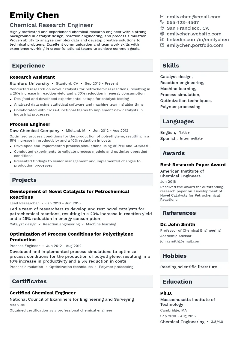 Chemical Research Engineer resume example