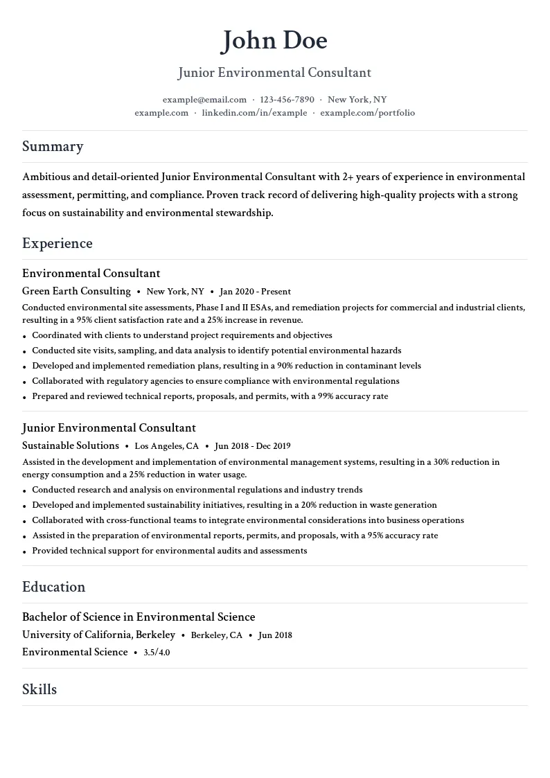 Junior Environmental Consultant resume example