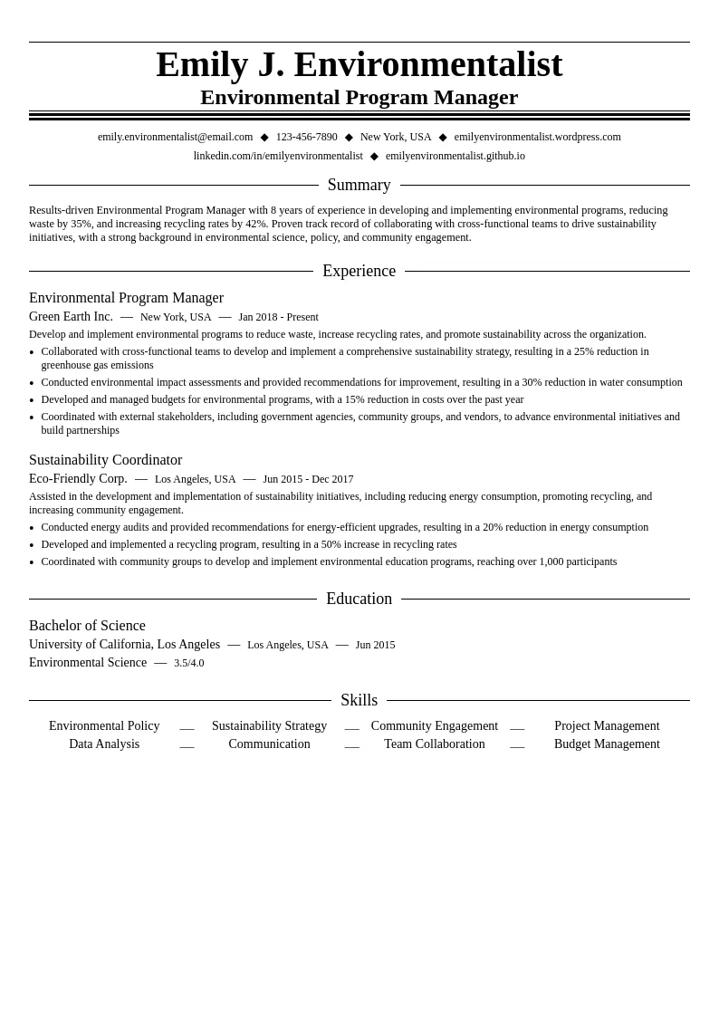 Environmental Program Manager resume example