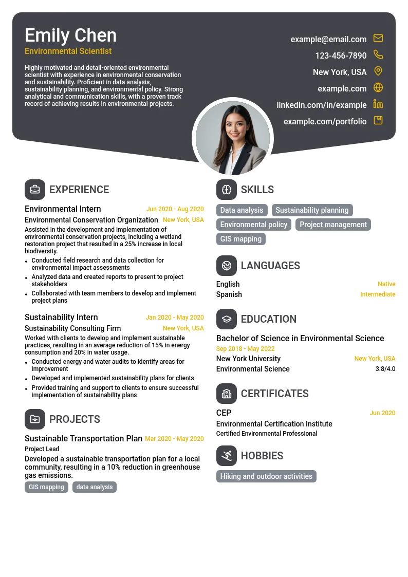 Environmental Intern resume example