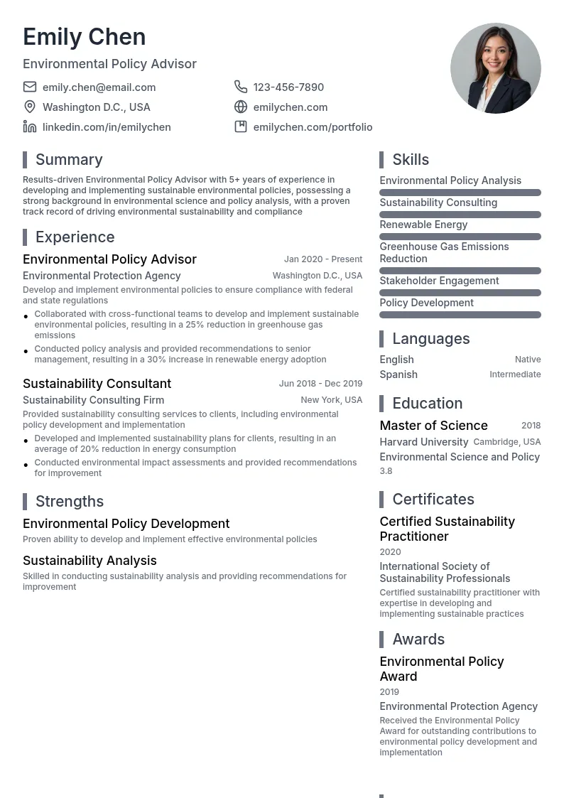 Environmental Policy Advisor resume example