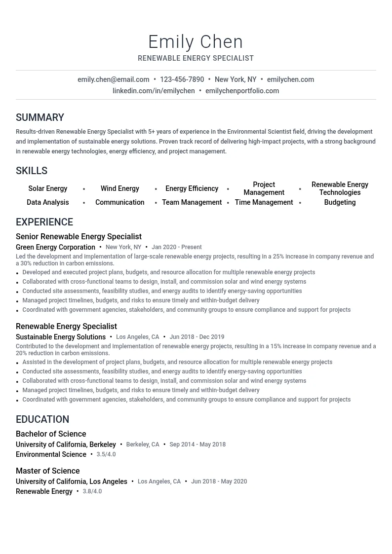 Renewable Energy Specialist resume example