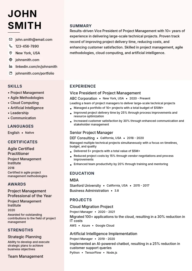 Vice President of Project Management resume example