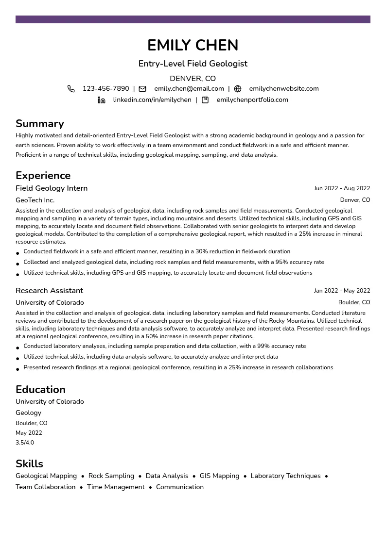 Entry-Level Field Geologist resume example