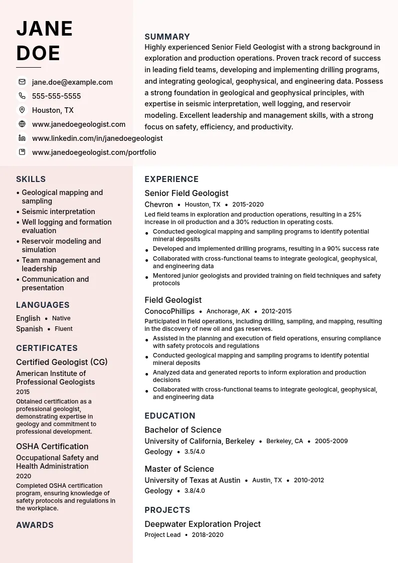 Senior Field Geologist resume example