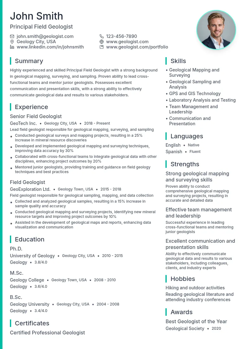 Principal Field Geologist resume example