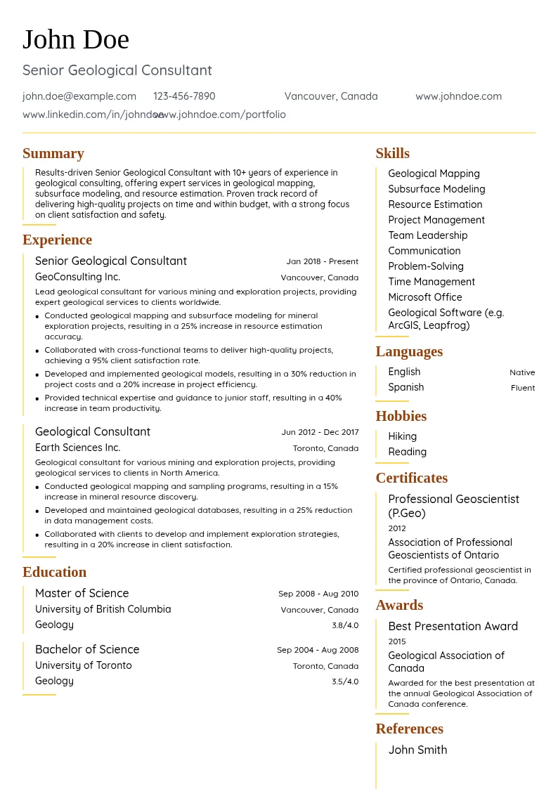 Senior Geological Consultant resume example