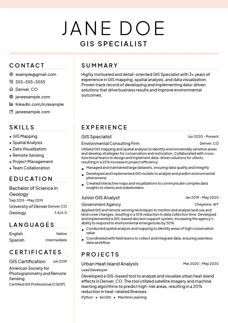 Geographic Information Systems (GIS) Specialist resume example