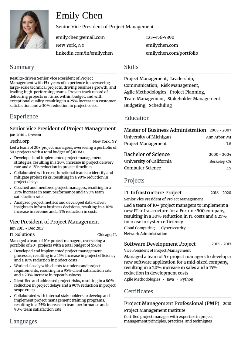 Senior Vice President of Project Management resume example