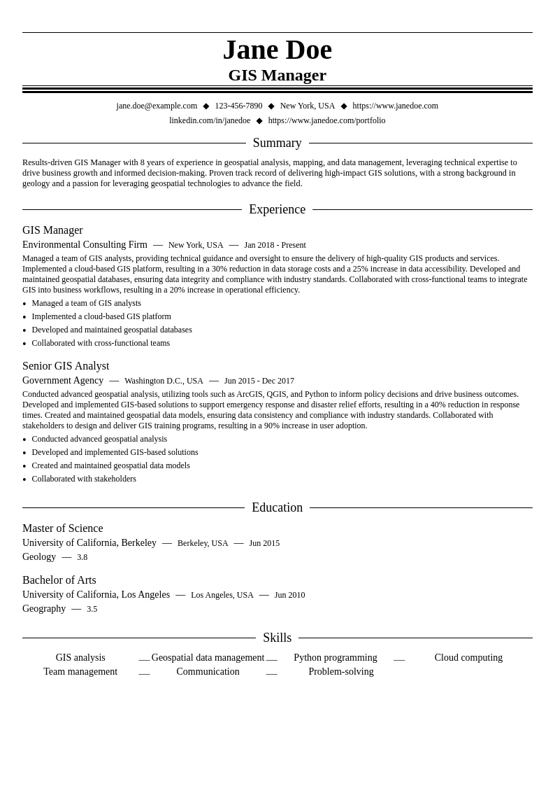  Geographic Information Systems (GIS) Manager resume example