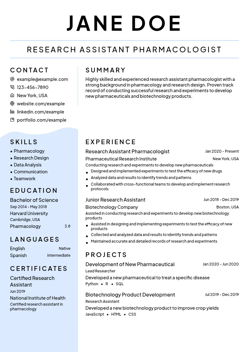 Research Assistant Pharmacologist resume example
