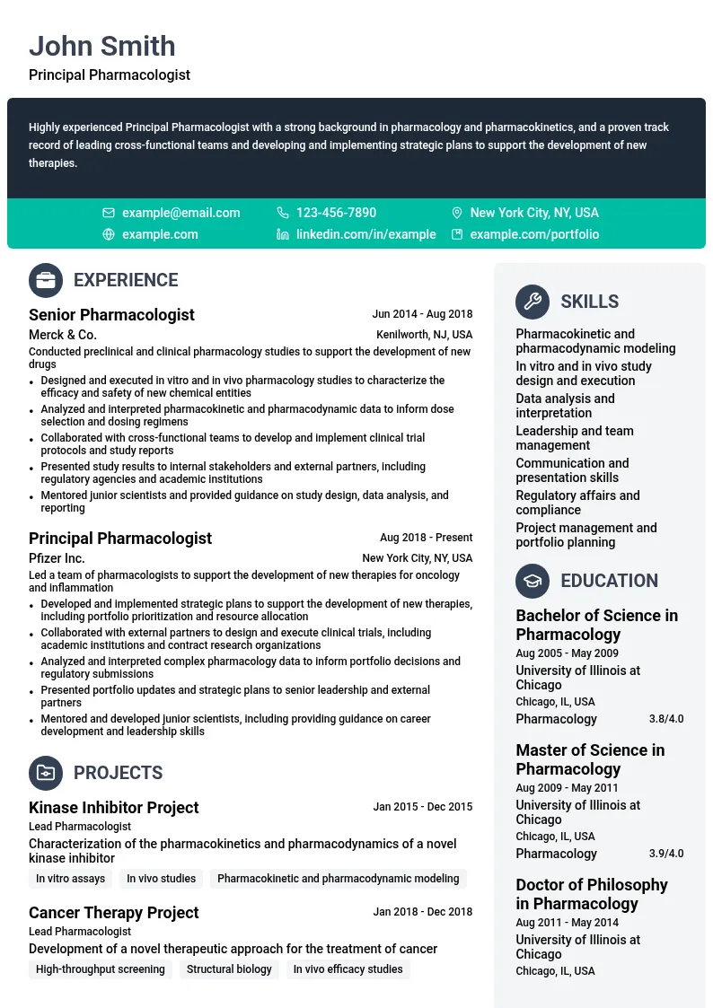 Principal Pharmacologist resume example