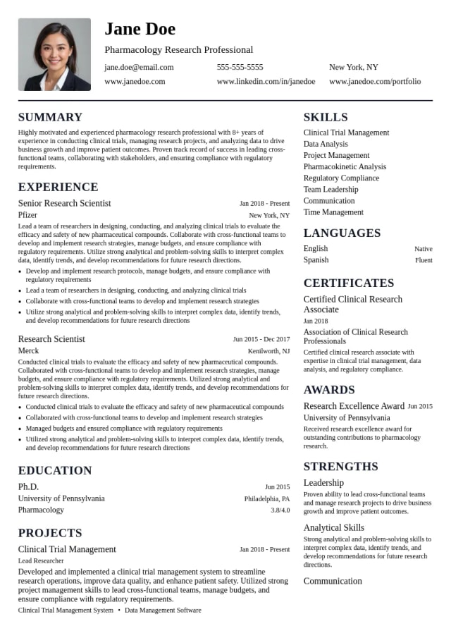 Pharmacology Research resume example