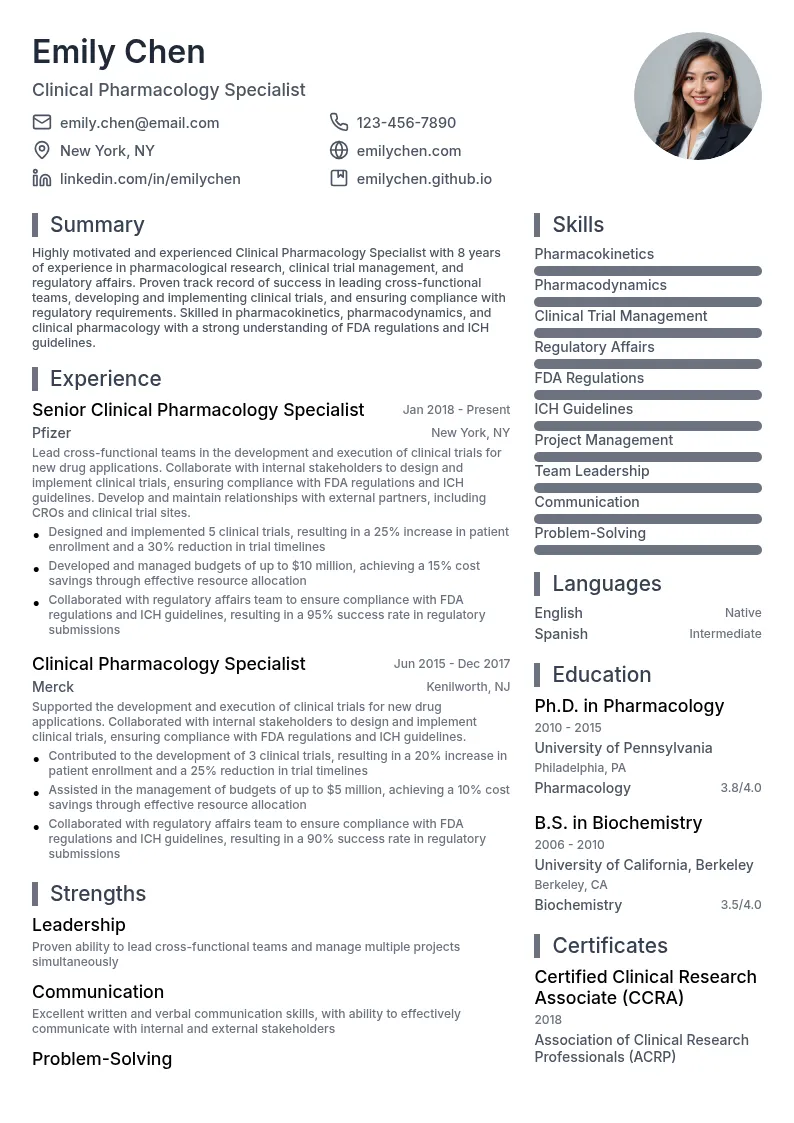 Clinical Pharmacology Specialist resume example