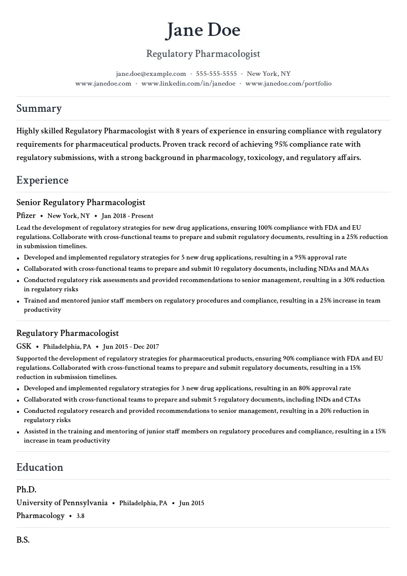 Regulatory Pharmacologist resume example