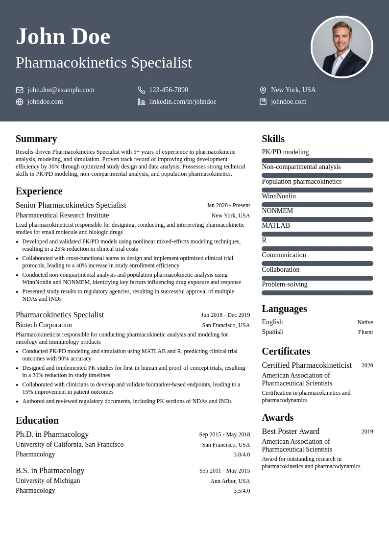 Pharmacokinetics Specialist resume example