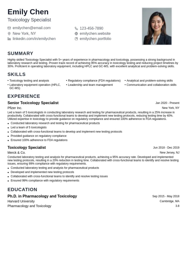 Toxicology Specialist resume example