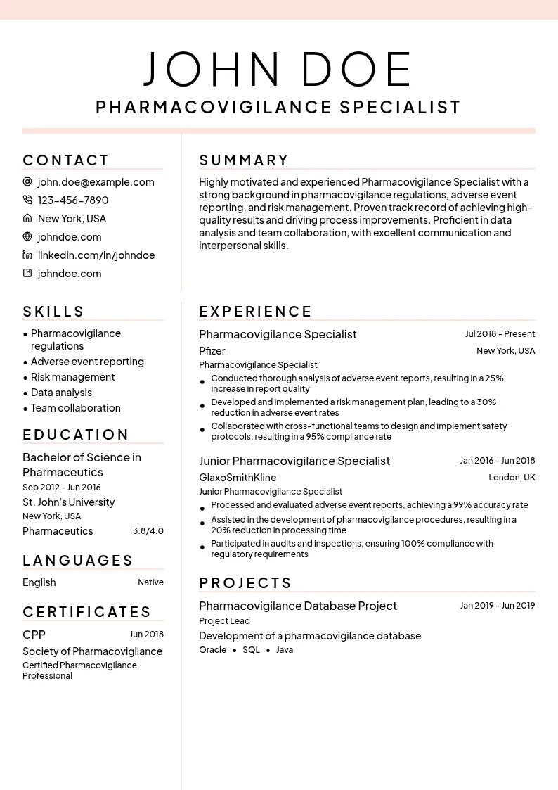Pharmacovigilance Specialist resume example